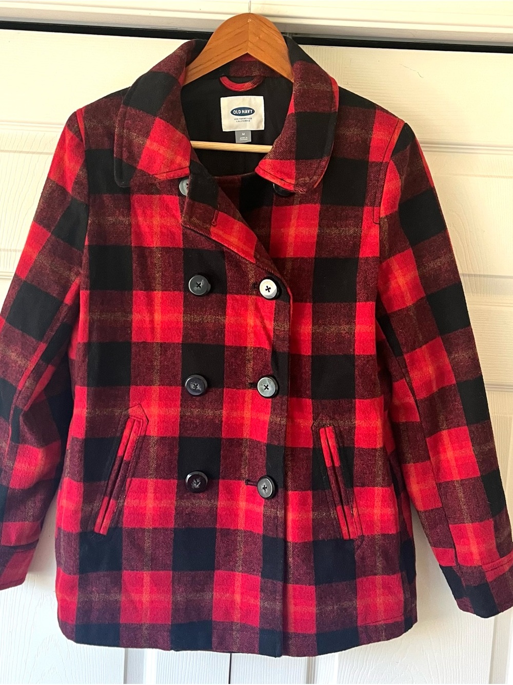 Old Navy Red and Black Buffalo Plaid Pea Coat Women's Medium
